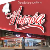Cartel rojo de Minerva sobre la fachada del local